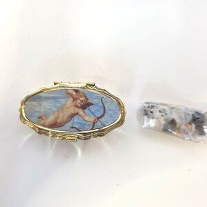 Vintage Cupid theme Sewing Kit Travel Size Hinged Clasp Tin Trinket/Pill Box